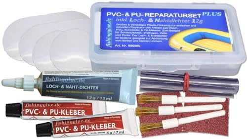 fishingglue.de PVC- & PU-Reparaturset Plus, großes Plastik- Flickzeug | Wasser-& UV-beständig bis 60°C wärmestabil, inkl. 1 Tube Loch-& Naht-Dichter (flüssig PVC), Made in Germany