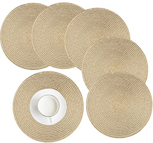 HEYOMART 6er Set Platzsets Rund Geflochtene Tischsets Abwaschbar Gold Rund Platzsets Waschbar Hitzebeständig Platzdeckchen Weihnachten für Hochzeit, Fest, Küche, Dekor - 38cm