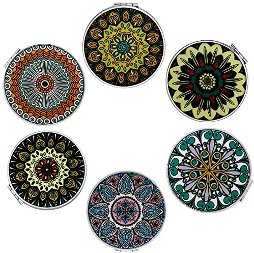 Beaufy Piccolo Ingrandito Specchio Compatto Ingrandimento 1x/2x Trucco Viaggio Ingranditore Pieghevole Portatilede Borsetta Borsa Specchi Mandala in Rilievo per Ragazze Donna Uomo Confezione da 6