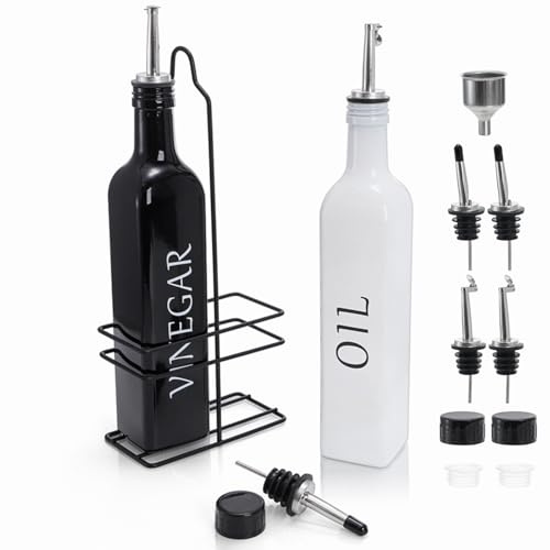 Tebery 2 Pack Oil and Vinegar Dispenser Set with Caddy Holder, 17oz Black & White Olive Oil Dispenser Bottle, Cute Modern Vintage Glass Cruet for Kitchen