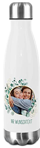 Trinkflasche Edelstahl selbst gestalten mit Foto im Rahmen & Text - Thermosflasche, Wasserflasche BPA-frei, Camping, Schule, Sport I Personalisiertes Geschenk, Blätterrahmen 2, 750 ml