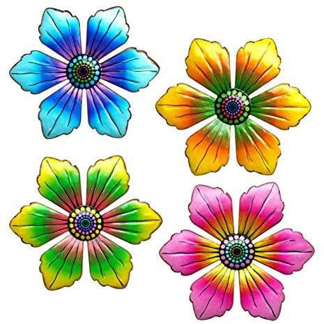 SUNNEKO 4PCS Metal Flower Garden Ornaments Outdoor, Garden Ornaments Metal Wall Art Deco Hanging Wall Art Decoration Indoor Outdoor fence Yard Shed Fences