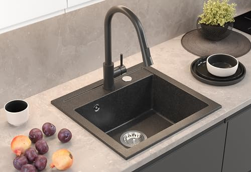 VBChome Spülbecken mit Armatur 50 x 47 cm Schwarz Granit Spüle Einzelbecken Küche Einbauspüle Verbundspüle Küchenspüle gesprenkelt Spülbecken Siphon Armatur