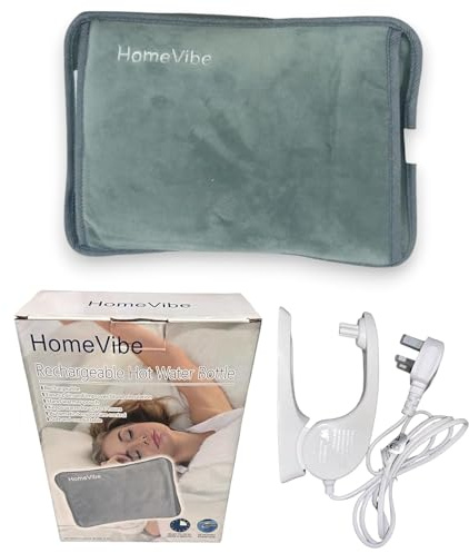 HomeVibe Rechargeable Electric Hot Water Bottle Professional Soft Touch Fleece Cover Bed Hand Warmer Massaging Heat Pad, Grey