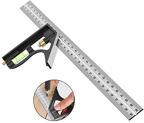 Combination Square, 12'/300mm Stainless Steel Combo Square Carpentry Tools, 45/90 Degree Ruler with Bubble Level for Accurate and Adjustable Woodworking Measurement.