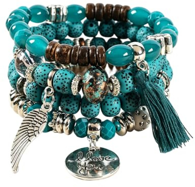 QKEPCY Set Bracciale da Donna con Pietre Naturali - Braccialetti Elastici Boho per Drenaggio Linfatico Pop-Corn Impilabili