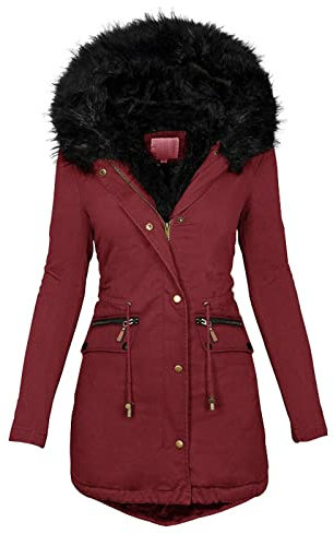 LOIJMK Damen Lang Winterjacke Warm Gefütterte Coat Kapuzenjacke Parka Damen mit Fellkapuze Lässig Wintermantel Herbst Winter Übergangsjacke Fleece Dicke Daunenjacke Gemütliche Outdoorjacke