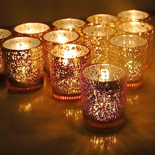 Vohocandle Teelichthalter Gold, 12er-Set Kerzenhalter Glas, Großpackung für den Tischaufsatz bei Hochzeiten, Teelichthalter aus Quecksilberglas (5.5cm x 6.5cm, B/H)