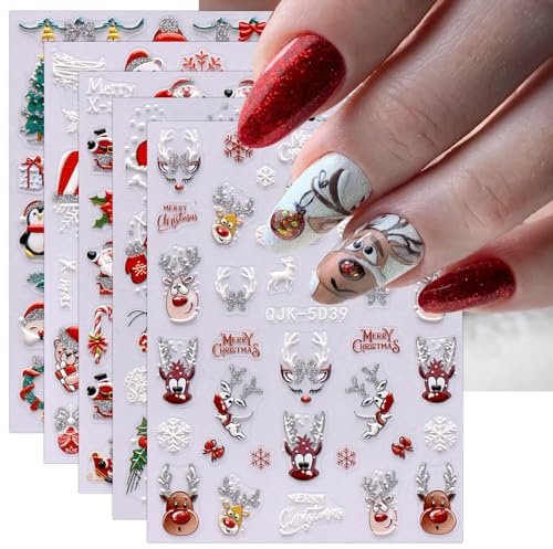 3D Nagelsticker Weihnachten, 6 Blatt 5D Selbstklebend Nagelaufkleber Stereoskopisch Nail Art Sticker Dekoration Nageldesign Zubehör