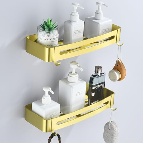 HNVNER Estante Ducha Dorado, Estanteria Baño Sin Taladro en Metal Estanteria de Ducha Organizador Adhesivo Balda Ducha para Champús (2 Piezas)