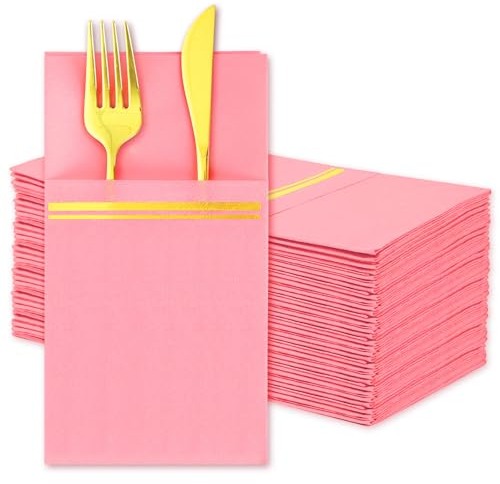 JarThenaAMCS 50Pcs Disposable Linen-Feel Dinner Napkins with Built-in Flatware Pockets Pink Gold Foil Napkin with Cutlery Pouch for Christmas Dining Party Table Service Decor