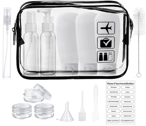 MORICOH Transparenter Kulturbeutel mit 15 Stück Reiseflaschenset(100ml) | Reisenflaschen Set inkl.1 Stück Flüssigkeitsbeutel (20 x 20 cm), Reise Zubehör, Etikett, Reiseutensilien