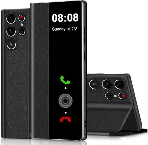 Handyhülle für Samsung Galaxy S23 Ultra 5G Hülle Clear View, für Samsung Galaxy S23 Ultra Hülle mit Ständer Klappbar Touchscreen View Flip Extra-Dünn Leder Schutzhülle Case, Cover Clear S View