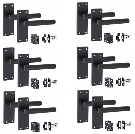Golden Grace Straight T-Bar Door Latch Handles, Matt Black, 6 Sets | Includes 3 ball bearing hinges and a 64mm tubular latch, offering a complete set with a 120mm x 40mm metal backplate.