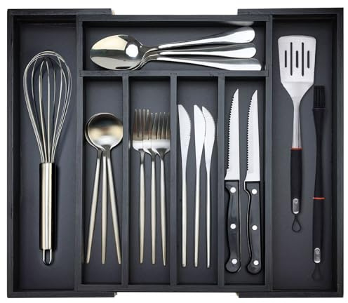 Ayiaren Expandable Drawer Organizer Large Bamboo Silverware Organizer Adjustable Cutlery Tray Black Wooden Flatware Drawer Dividers Organizer Kitchen Utensil Holder Drawer Spoon and Fork Organizer