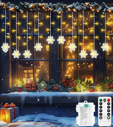 Christmas Snowflakes Curtain Lights - 90 LED 3.5M Battery Powered, 8 Modes, Waterproof Icicle Light for Window, Garden, Party, Bedroom, Patio Decoration (Warm White)