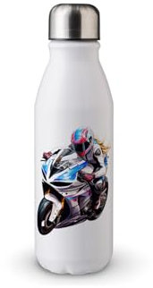 MAXIKIWI - Single Wall Water Drinking Bottle with Screw Cap, Non Insulated Lightweight Aluminium, BPA Free, Leak-Proof - Woman Riding Motorbike Theme 2-500ml