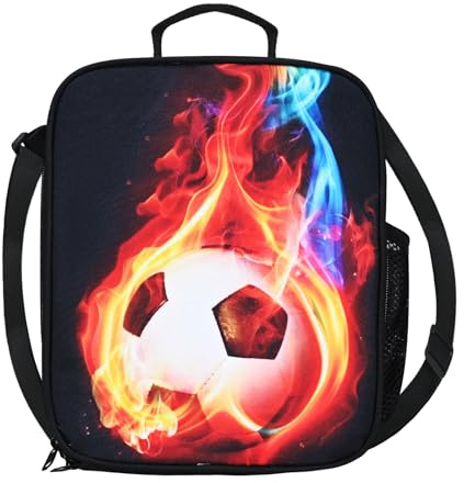 TOWEAR Football Lunch Box Insulated Lunch Bag for School Work Picnic Sport | Keep Warm and Cold,Soft Comfortable Handle,with Side Pocket,Waterproof Fabric,Two-Way Smooth Zipper