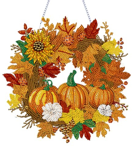 Generish 5D DIY Diamond Painting Kürbis Kranz Set, Diamant Painting Girlande Herbstdeko Kits mit Kette, Diamant Malerei Türkranz Kürbis Herbst Deko Tür Fenster Erntedankfest Deko Geschenk