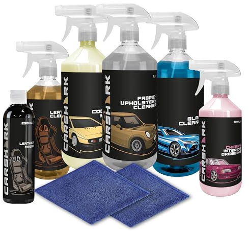 CARSHARK 8-Piece Car Interior Cleaning Kit, Cherry Dressing 500ml, Glass Cleaner 1L, Leather Cleaner 500ml, Leather Cream 250ml, Fabric Cleaner 1L, Cockpit Shine 1L, 2 x Microfibre Cloths