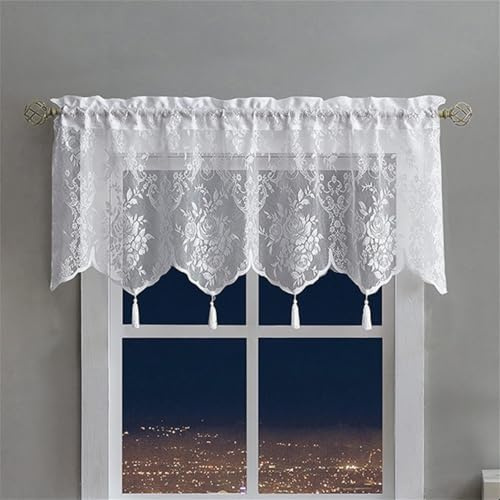 champracer Scheibengardine Häkeloptik für Landhausstil - Bistrogardine mit Blumenmuster und Quaste, Kurzstore für kleine Fenster, Retro Küche Türvorhang (1 Stüick, BxH 130x45 cm)