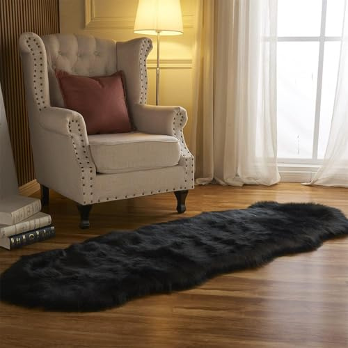 JXLOULAN Faux lammskinn, fårskinn, matta, svart, 80 x 180 cm, mjuk fluffig matta, vardagsrumsdekoration, långhårig päls, lammskinnsimitation, matta för stolar, soffa, sovrum, barnrum