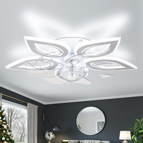 Finktonglan 55cm Dimmable Ceiling Fan with Light Remote 6 Speeds White | 60W LED fan light with remote and app control 6 speeds reversible airflow adjustable colour temperature and 1/2/4-hour timer.