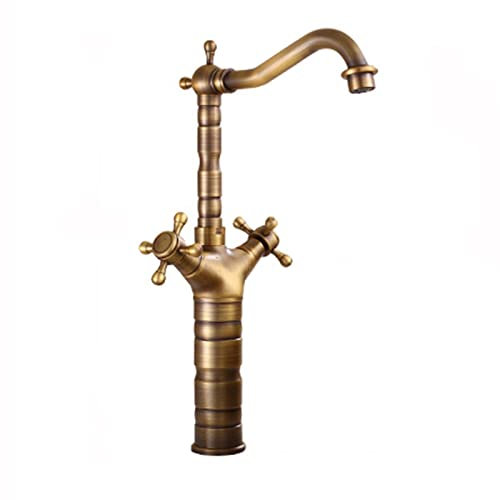 Antique Brass Bathroom Sink Faucet with Double Handles Hot and Cold Water Control Single Hole Vanity Faucet for Kitchen and Bathroom