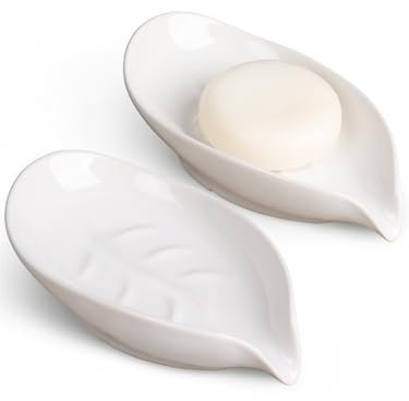 ANTIS'S HOME Keramik Seifenschale in Blattform – Weißer Seifenhalter aus Porzellan für Bad & Küche, rutschfest, Mit Wasserablauf, Dekorativ & Praktisch