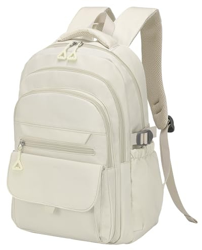 SUIKIHUM Mochila estética de día, resistente al agua, mochila para laptop de 15.6 pulgadas para mujeres y hombres, con cierre táctil y bolsillos antirrobo (blanco), Blanco