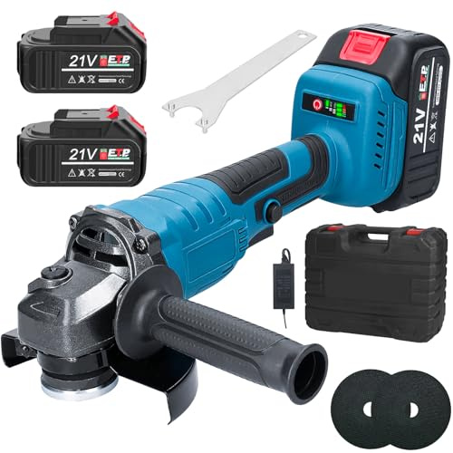 Cordless Angle Grinder, Brushless Battery Angle Grinder 125mm M14 Professional Electric Power Tools 2 Batteries with 2-Position Auxiliary Handle for Cutting, Grinding, with 2 Grinding Discs