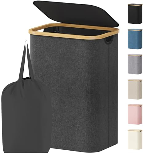 Lifewit 80L Laundry Basket with Lid, Foldable, Bamboo Handles, Dark Grey | Dirty Clothes Bin with Removable Bag, Large Washing Basket for Bedroom, Bathroom, Dorm and Laundry Room