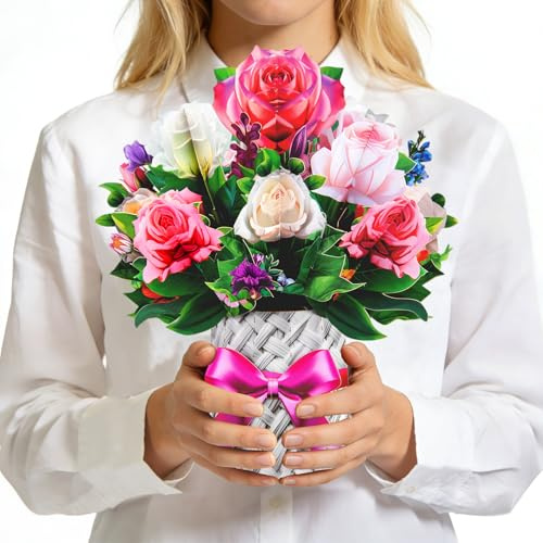 GREETING ART 3D Pop-Up Rose Karte, 3D Pop-Up Blumenstrauß, Geburtstagskarte, Hochzeitskarte, Jubiläumskarte, Valentinstagskarte, Muttertagskarte für Frauen, Mama und Ehefrauen