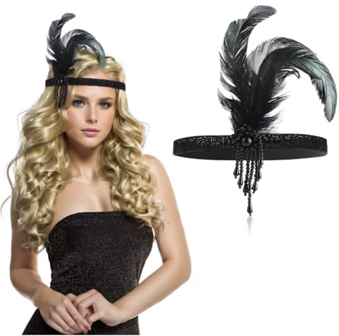 EIROVYA Rockabilly Accessoires Damen, 20er Jahre Accessoires,1920s Stirnband Damen Gatsby Kostüm Accessoires 20er Jahre Flapper Feder Haarband Schwarz, 1 Stück