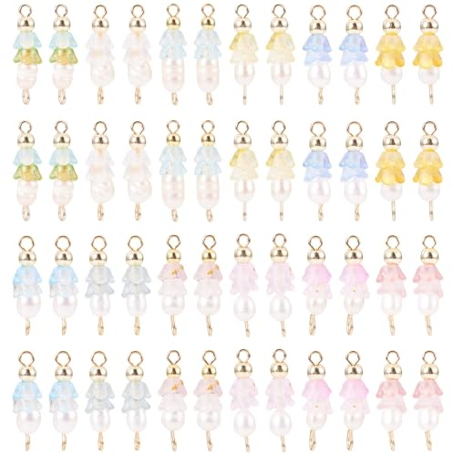 Cheriswelry 48Pcs Acrylic Flower Connector Charms Natural Pearl Pendants Link Floral Dangle Necklace Charms with Pearl Beads 19.5x6mm for DIY Summer Crafts Earring Bracelet Jewelry Making