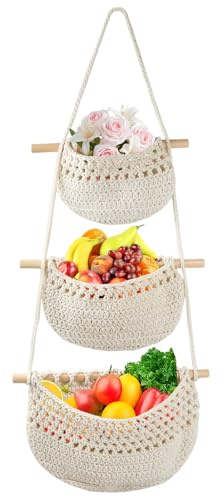 Dulynva Cesti per frutta da appendere 3 ripiani Cesto sospeso intrecciato a mano per frutta, sacca da parete sospesa organizer per frutta, snack e verdura
