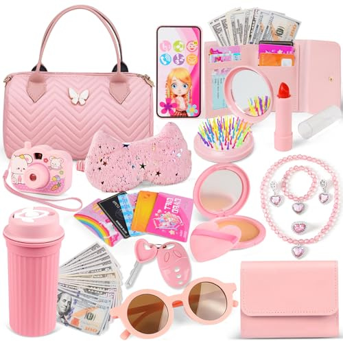 Borsa Bambina con Accessori, Borsetta Bimba Giochi con Trucchi Bambina, Portafoglio, Telefono Giocattolo, Bottiglia, Gioielli, Maschera per Gli Occhi, Compleanno Natale Regalo per Bambine 3-8 Anni