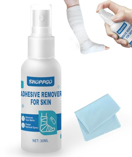SHOPPGO Adhesive Remover for Skin, Stoma Adhesive Remover Spray, Plaster Remover for Skin with a Small Towel, Also Used to Remove Bandages and Residual Glue, Silky Touch, 30ml