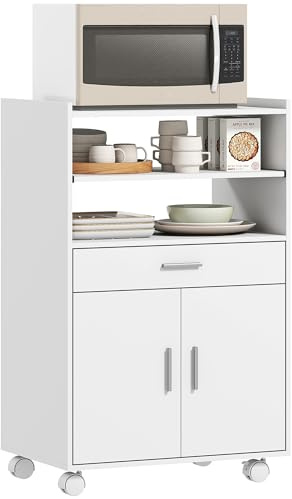 HOMCOM Mobile Microonde con Ruote, Credenza Cucina con Cassetto, Piano per Elettrodomestici, Armadietto a 2 Ante, Ripiano Estraibile e Ripiano Aperto, Carrello Cucina per Soggiorno, 59x40x92cm, Bianco