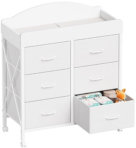 Yetom Baby Changing Table Dresser with Wheels, 6-Fabric Drawer Baby Dresser with Changing Table Top, Waterproof Diaper Changing Station & Pad, Mobile Storage Unit, Compact Baby Furniture, White