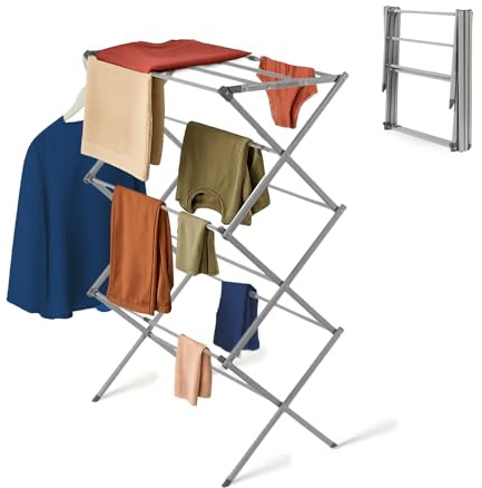 Straame 3-Tier Expandable Clothes Airer Indoor Outdoor – Slimline Drying Rack (Expanded:71×37×103 cm, Folded: 51×43×9 cm), 10 kg Capacity, Rust-Resistant, Non-Slip Feet, Heavy-Duty Design (Grey)