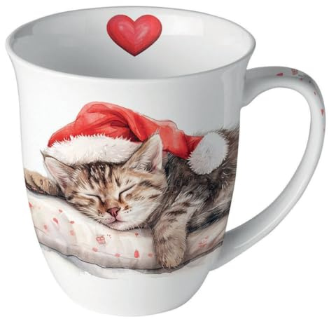 Ambiente Porzellan Kaffee/Teetasse Jumbotasse 400ml schlafende Katze Weihnachten Advent Weihnachtstasse serie dreaming about christmas