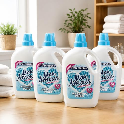 Ammorbidente Concentrato Azzurro Puro 4 Flaconi da 3 Litri, 240 Lavaggi Totali, Extra Profumo, Bucato Morbido e Fresco, Adatto per Lavatrice e Lavaggio a Mano