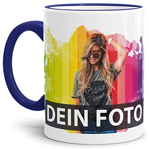 Tasse selbst individuell gestalten/Personalisierbar mit eigenem Foto bedrucken/Fototasse/Motivtasse/Werbetasse/Firmentasse mit Logo/Rand & Henkel Dunkelblau