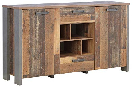 FORTE Clif Kommode mit 2 Türen und 2 Schubladen, Holzwerkstoff, Old – Wood Vintage/ Betonoptik Dunkelgrau, 156,4 x 86,3 x 41,6 cm