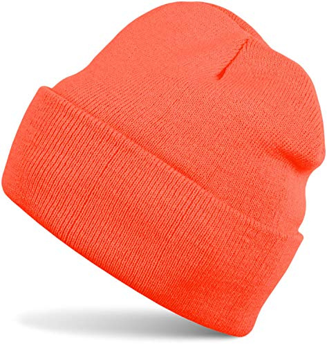 styleBREAKER Unisex beanie-mössa enfärgad | klassisk finstickad vinterstickad mössa med brett kuvert | elastisk mössa i många färger för kvinnor och män, Neon orange, one size