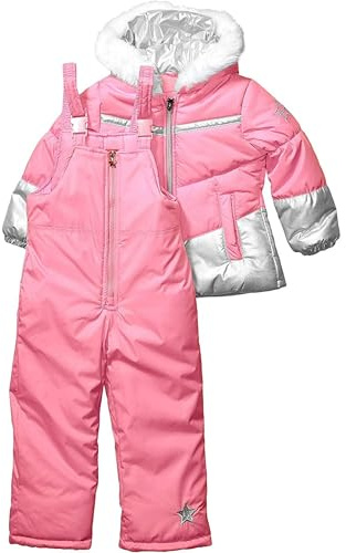 London Fog Girls' Two-Piece Winter Snowsuit Skibib and Fleece Lined Puffer Jacket, Unicorn Rose Gold Foil, 4T