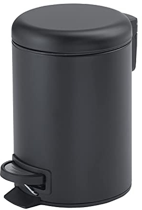Gedy Potty Papelera Basura baño, Redonda, 5L, con Pedal y Tapa Soft Close, Acero Inoxidable, Negro Mate, 20,6 x 26,8 x 27,5