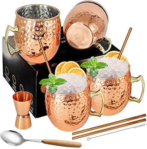 Moscow Mule Kupferbecher-Set mit 4 Premium Moscow Mule Becher 54cl/540ml 4 Stück Becher aus verkupfertem Edelstahl Großartig für Cocktail Gekühlte Getränk mit 1/0.5oz Double Jigger Löffel Strohhalme