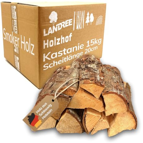 Landree Kastanie Smoker-Holz 15 kg - 20 cm Scheitlänge - Intensives Räucherholz für unvergleichliche Aromen, naturbelassen, Qualität aus Schleswig Holstein